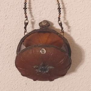 Antique Circular Clutch: Amber Colored Thick Shell with Beaded Strap